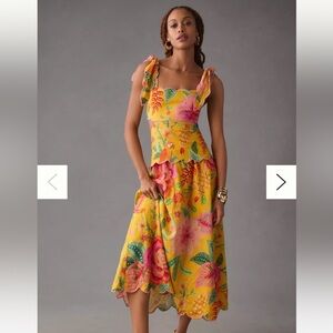 FARM RIO PRINTED SCALLOPED CUTOUT DRESS- Yellow- Size XS